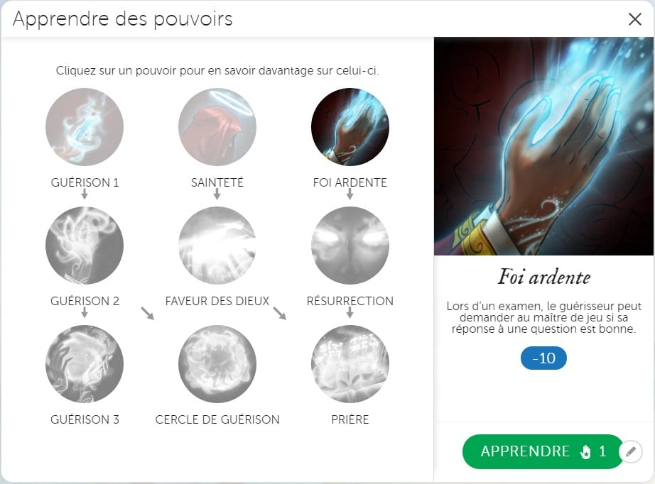 Fenêtre de competences dans Classcraft