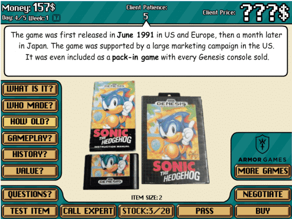 Sonic dans le vintage game shop